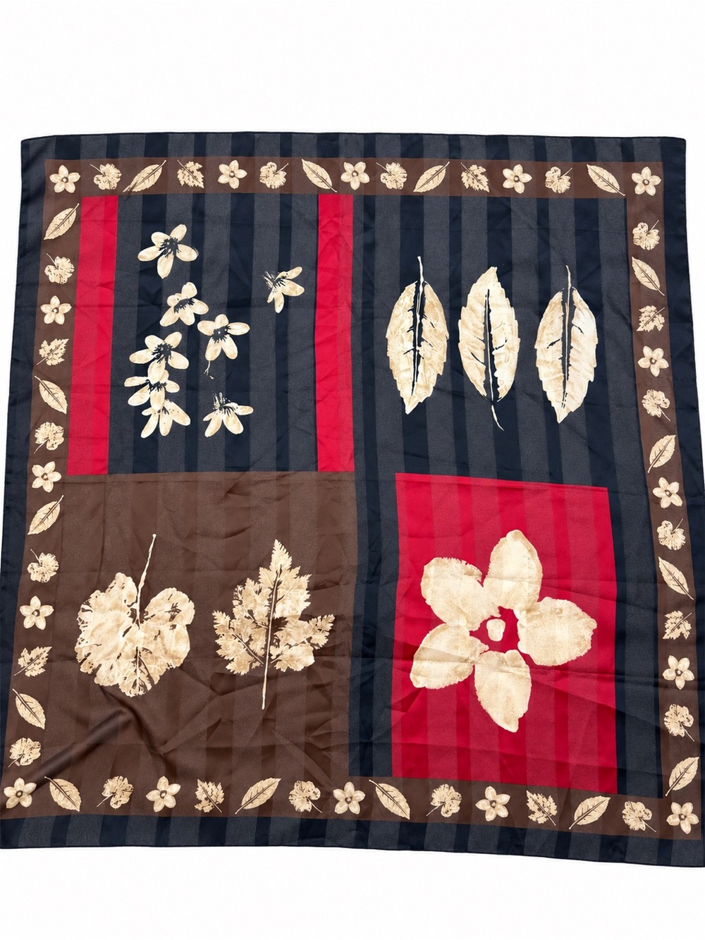 Fall Leaves Floral Square Scarf Black Burgundy Brown Cream Striped 35x35